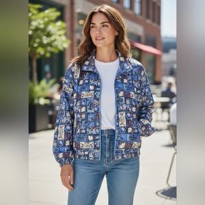 Vtg Outbrook Silk Windbreaker Jacket 80s - 90s Nautical Print Women’s Large
